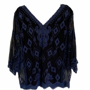 Coco & Carmen  blue and black Fairy embroidered crochet and mesh Top Sz S/M